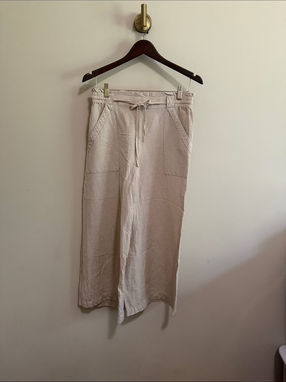 LOFT Neutral Drawstring Linen-Blend Pants